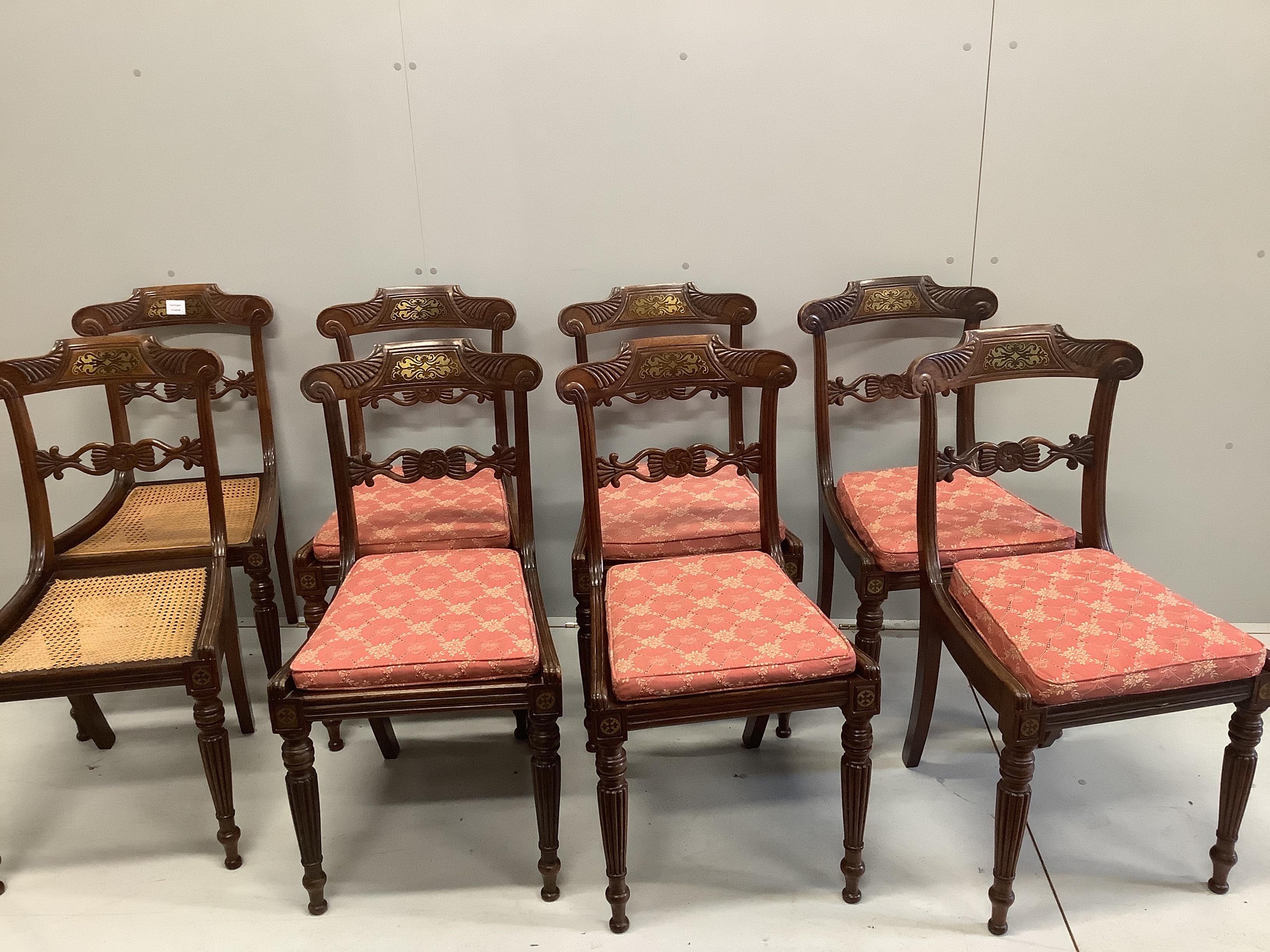 A set of eight Regency cut brass inlaid faded rosewood cane seat dining chairs, width 45cm, depth 40cm, height 88cm